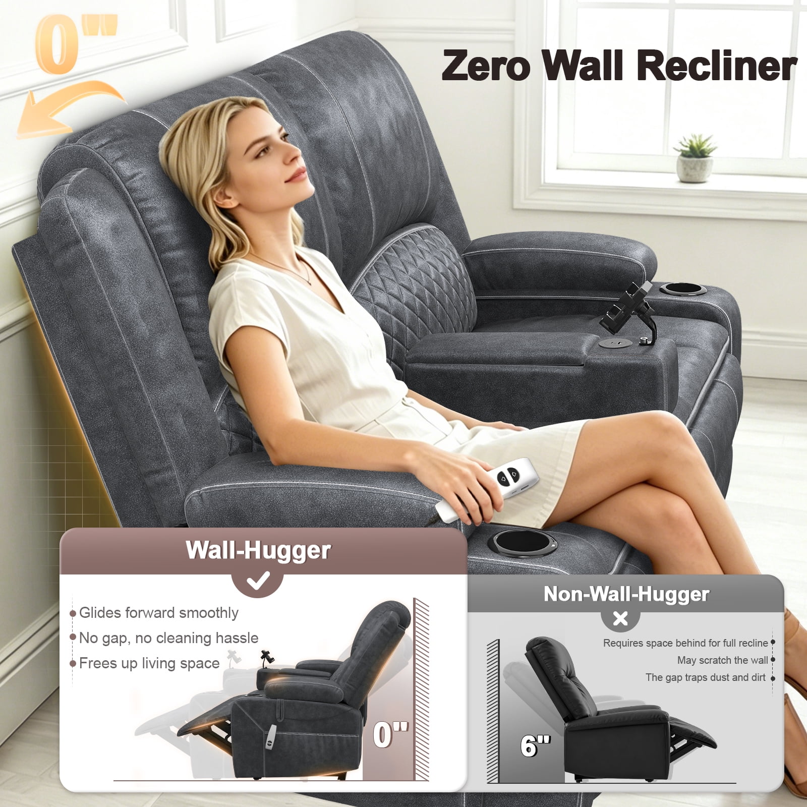 Power Reclining Loveseat for Home Theater RV with USB Charging, Storage Console, Removable Armrests, Wall-Hugger Design Velvet Grey