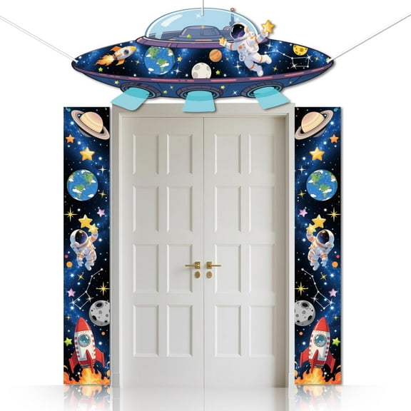 3 Pcs Outer Space Themed Party Decorations Porch Sign Banner - Spaceship Astronaut Planet Birthday Decorations Hanging Door Banner Classroom Decor Photo Backdrop Party Supplies Colorful