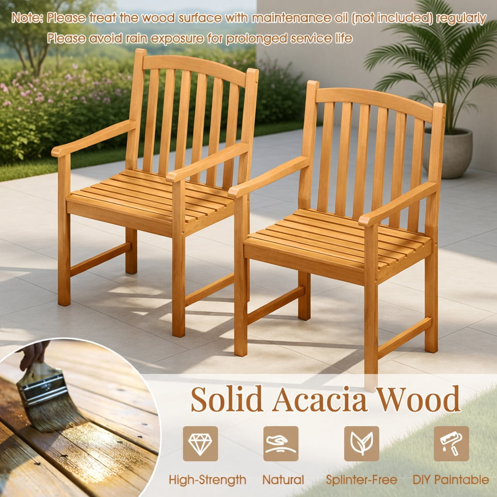 Hommoo 2-Pack Acacia Wood Outdoor Patio Chairs, Slatted Ventilated Seat, Ergonomic Inclined Backrest & Reinforced Frame for Porch, Balcony, Garden & Poolside, Natural