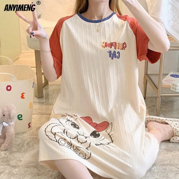 Camisón de cuello de muñeca estilo princesa para mujer, Tops de algodón, camisas de dormir Kawaii para niña, lencería de manga corta para mujer