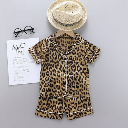 

Kid Leopard Print Ice Silk Pajamas Short-sleeved Lapel Two-piece Home Sleepwear