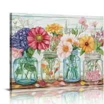 BCIIG Watercolor Flower Kitchen Wall Decor Floral Canvas Wall Art Blossoms in Mason Jar on Retro Wood Background Large  Artwork for Kitchen Bedroom Living Room  20x16in