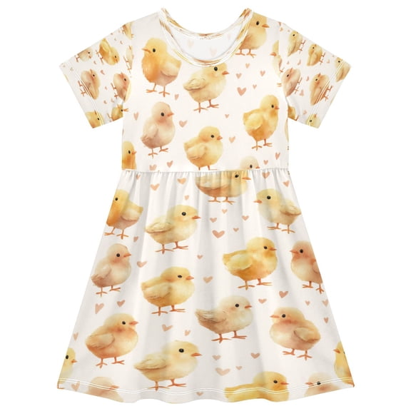 Girls Short Sleeve A-Line Dress Yellow and Cream Chicks Play Dress Sizes 2T