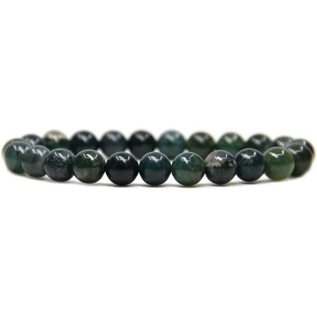 Angelstones Bracelet Extensible en Perles Rondes de 8 mm en Agate Mousse Verte Naturelle 7 Pouces