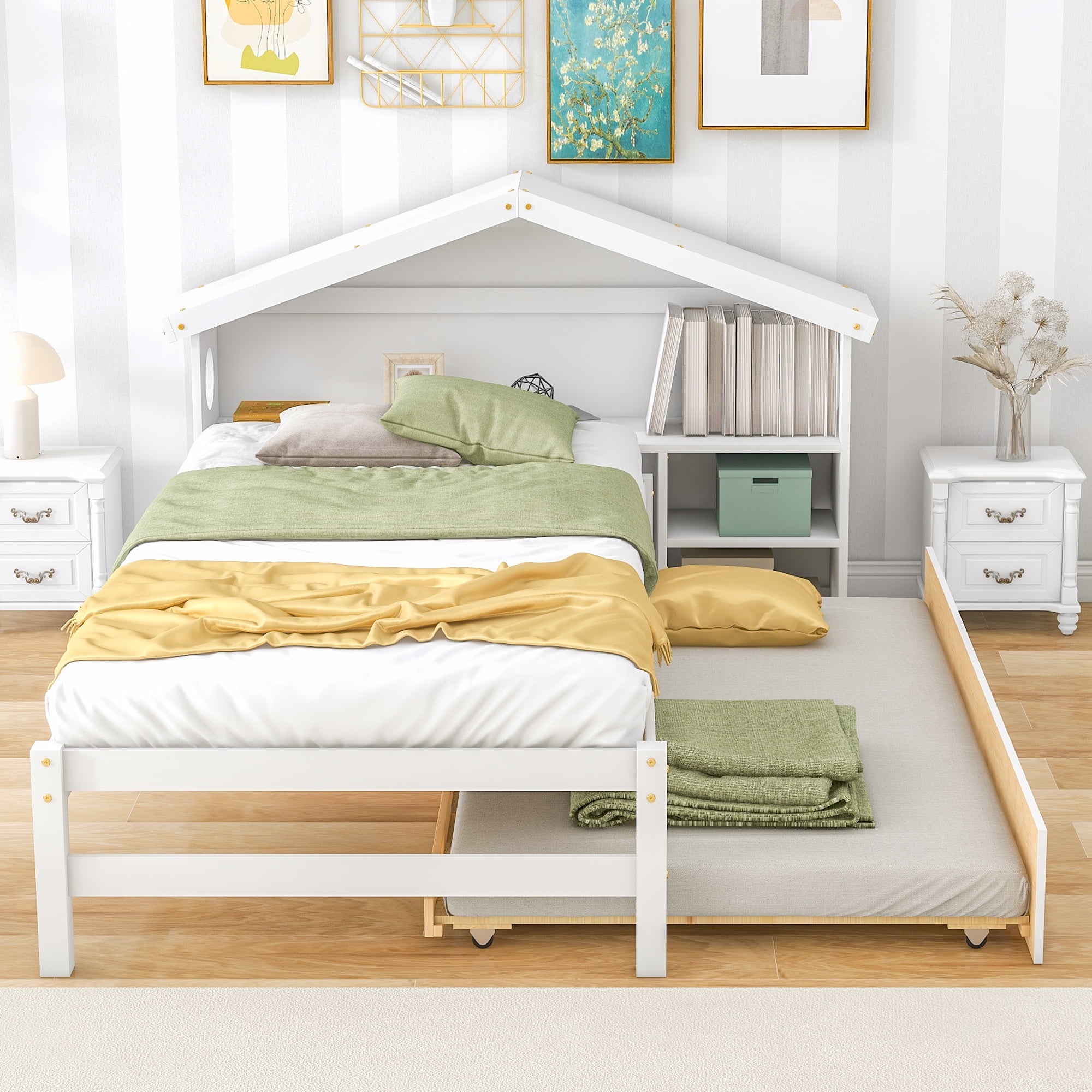 Twin Bed Frame with Trundle, Twin Size Platform Bed with Bookcase