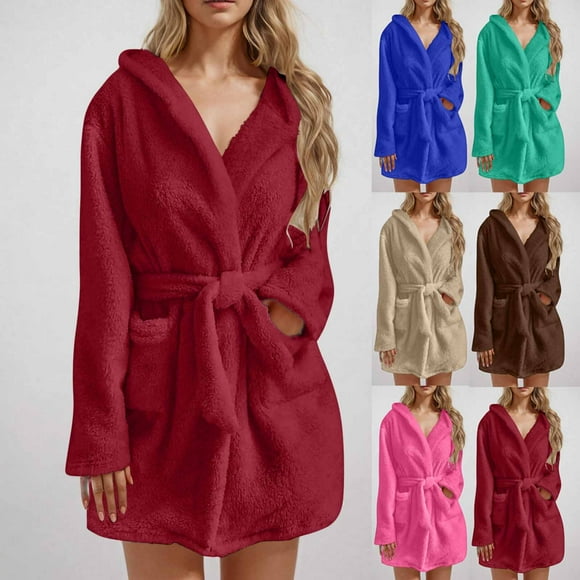 Yuyuzo Peignoirs Duveteux pour Femmes Mi-Long Peignoir avec Ceinture Manches Longues Vêtement de Nuit Doux et Confortable Chemises de Nuit