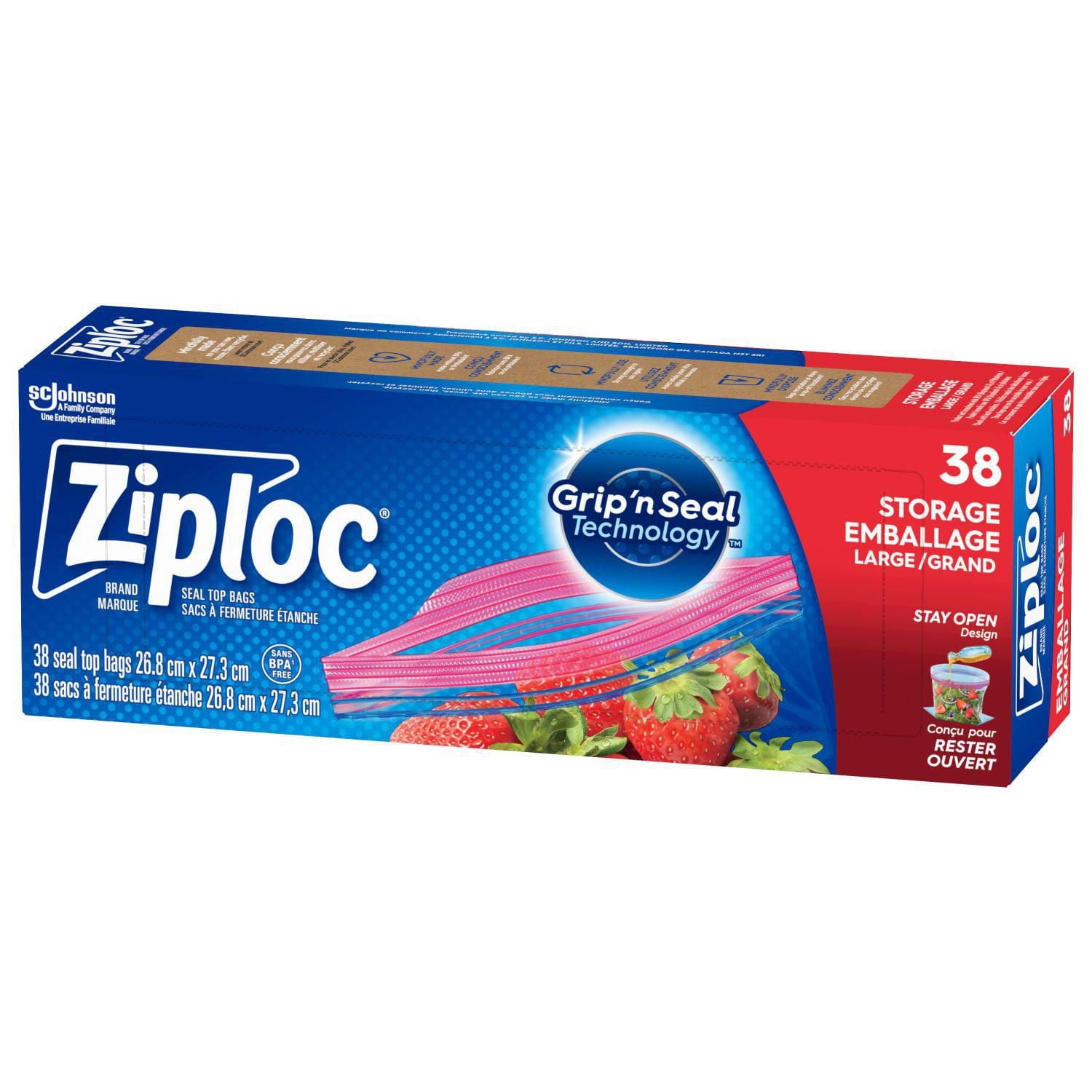 Ziploc® Storage Bags with Stay Open Technology, Large, 38 Bags