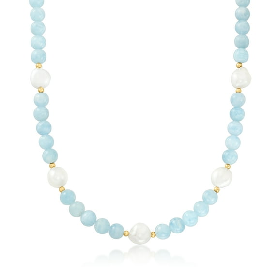 Ross-Simons 190.00 ct. t.w. Aquamarine Bead and 11-12mm Cultured Baroque Pearl Necklace With 14kt Yellow Gold, Women's, Adult