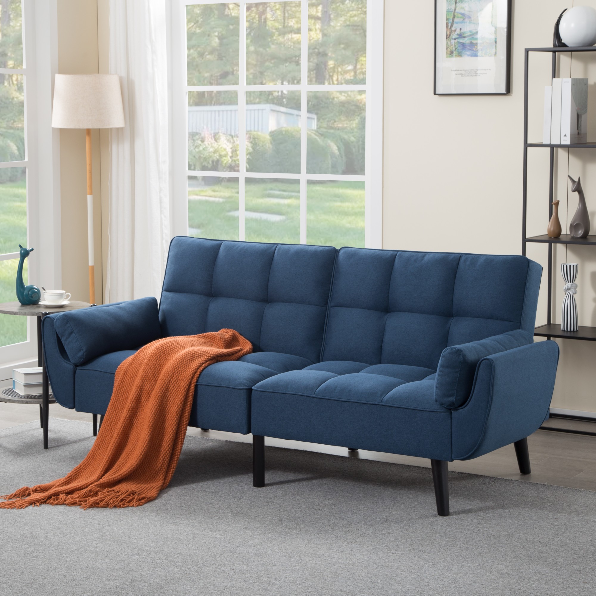 BSHTI 75.2" Linen Convertible Futon Sofa Bed with Split Back & 3-Position Adjustment, Tufted Design, Flared Arms, for Living Room & Guest Room(Dark Blue)
