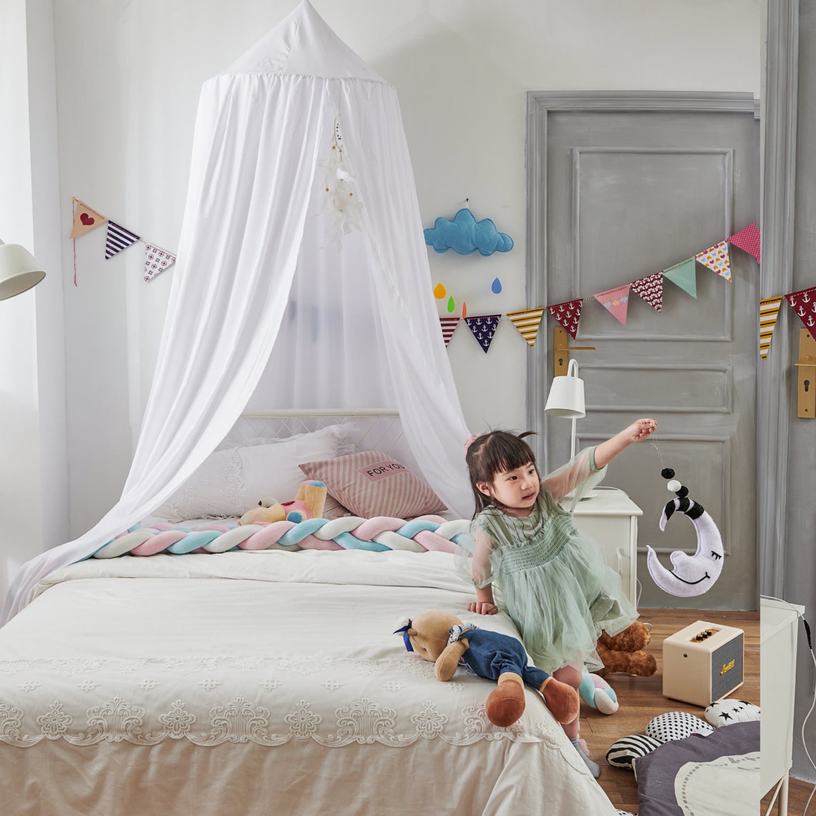 BUTORY Bed Canopy for Kids Soft Breathable Bed Curtain Canopy Round Dome Canopy Bed Cover Decorative Princess Hanging Canopy Oversized Large Curtain Canopy with Hook Adhesive