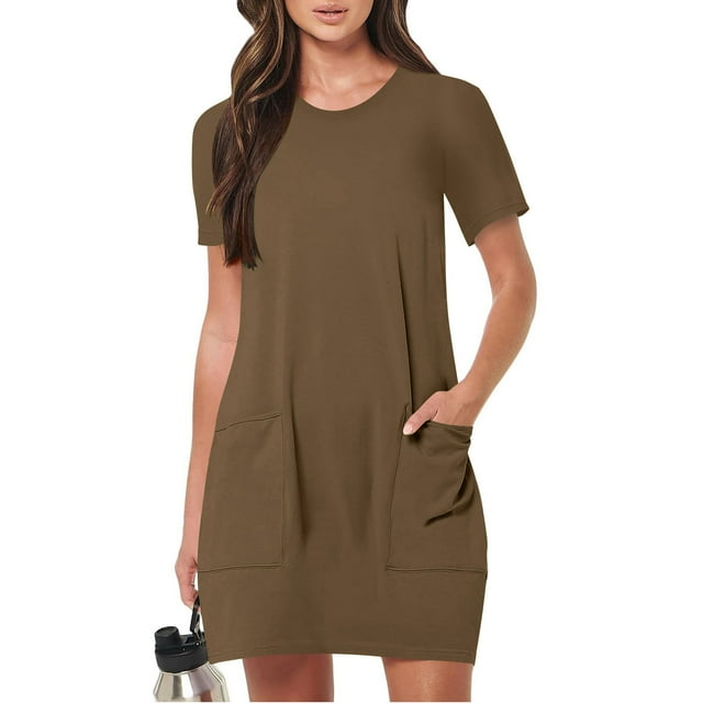 Robes Femmes DYTTDG Robe pour Femme Col Rond Manches Courtes Ample Décontractée Mini-Robe avec Poches Économies jusqu'à 30 % de Rabais Brun,m