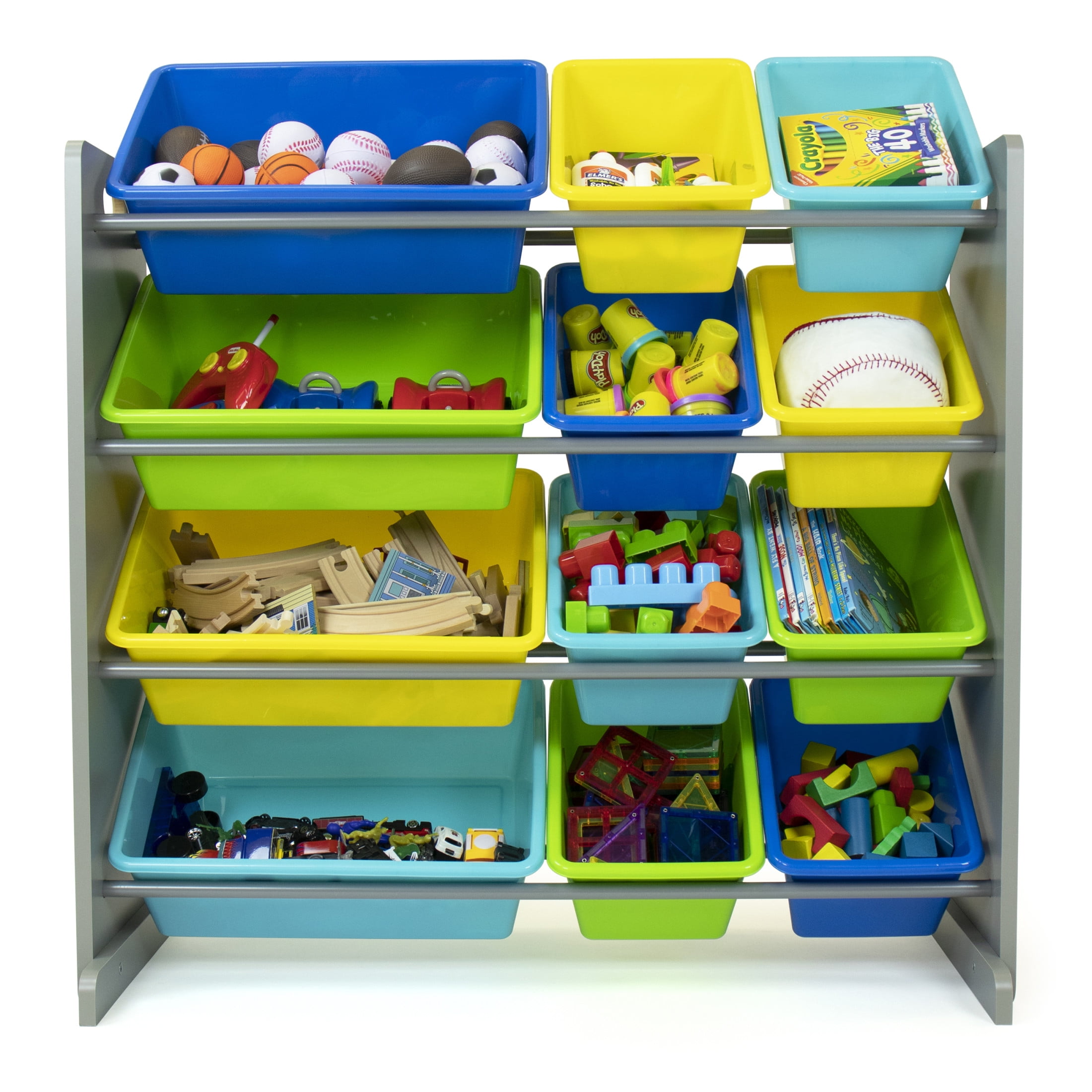 Humble Crew Kids Toy Storage Organizer with 12 Plastic Storage Bins, Grey/Blue/Green/Yellow
