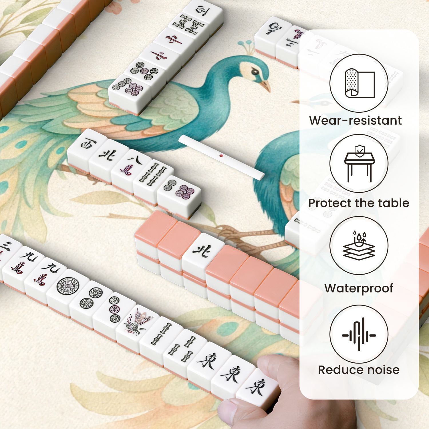 Mahjong Mat 31.5" x 31.5" Pair Elegant Blue Green Peacocks Long Flowing Tails Floral Wreath Non-Slip Noise Reduction Mahjong Tiles Table Cover for Dominoes Poker Card Board and Tile Games