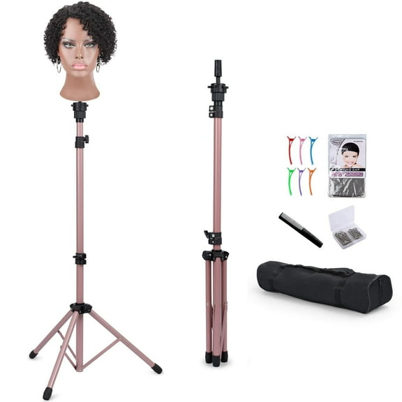 Metal Mannequin Head Stand, Reinforced Wig Stand Tripod for Styling, Adjustable Wig Head Stand Holder for Cosmetology Hairdressing Training,Rose Golden