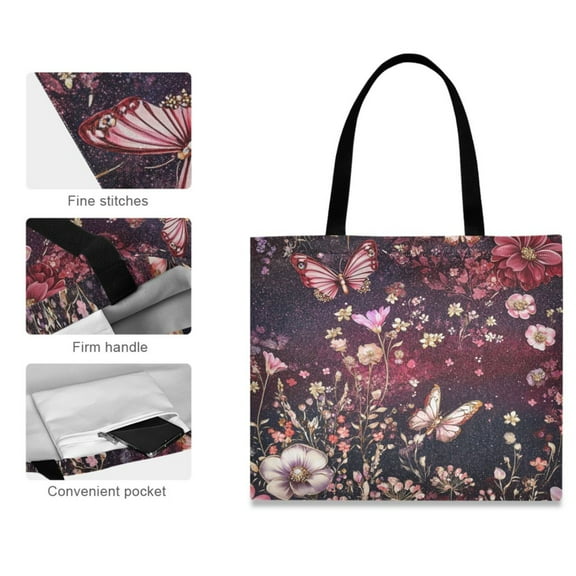 Canvas Tote Bag for Women Girls Design Print Butterflies and Blossoms on Starry Tote