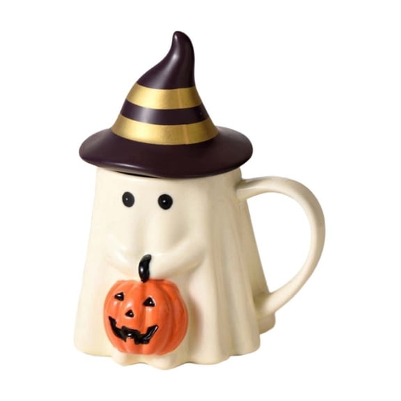 Halloween Pumpkin Mug with Lid, Ceramic Halloween Coffee Mug, Cute Pumpkin Coffee Cup for Hot Cocoa, Tea, Coffee, Fall Halloween Party Decoration and Gift