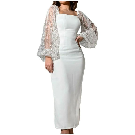 IROINNID Long Sleeve Dress for Women Spring/Summer Beaded Lantern Sleeve Wrap Hip Ball Evening Dress,White