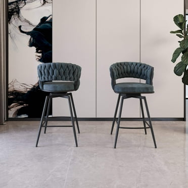Luxe Bar Chair Suede Woven Bar Stool Set of 2, 360° Swivel Bar Stools with Black Legs, Upholstered Counter Stools with Armrests, Back, and Footrest for Kitchen Island – Blue