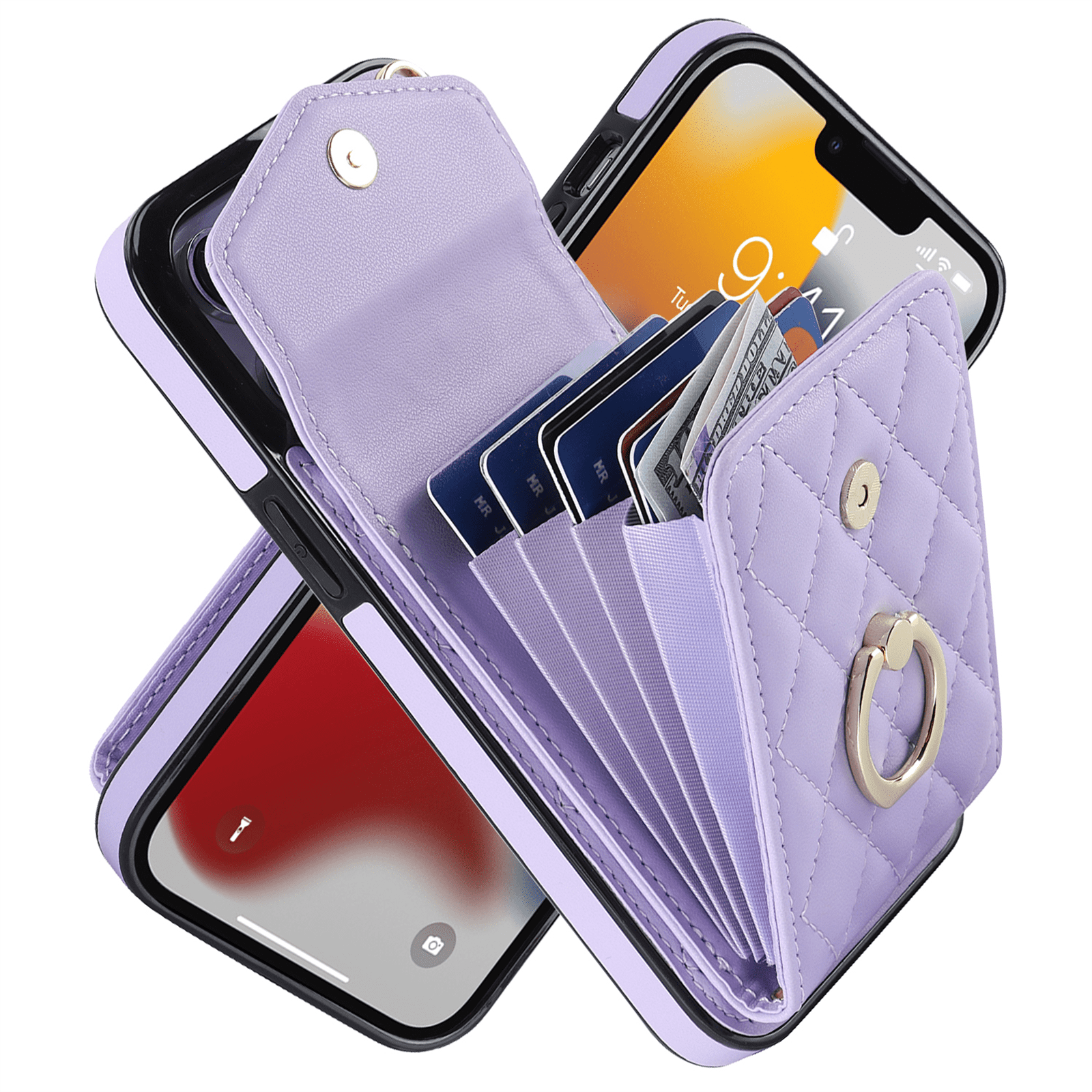 Asuwish Wallet RFID Blocking PU Leather Cell Phone Case with Tempered Glass Screen Protector, Wrist Strap for iPhone 13 Pro Max, Purple