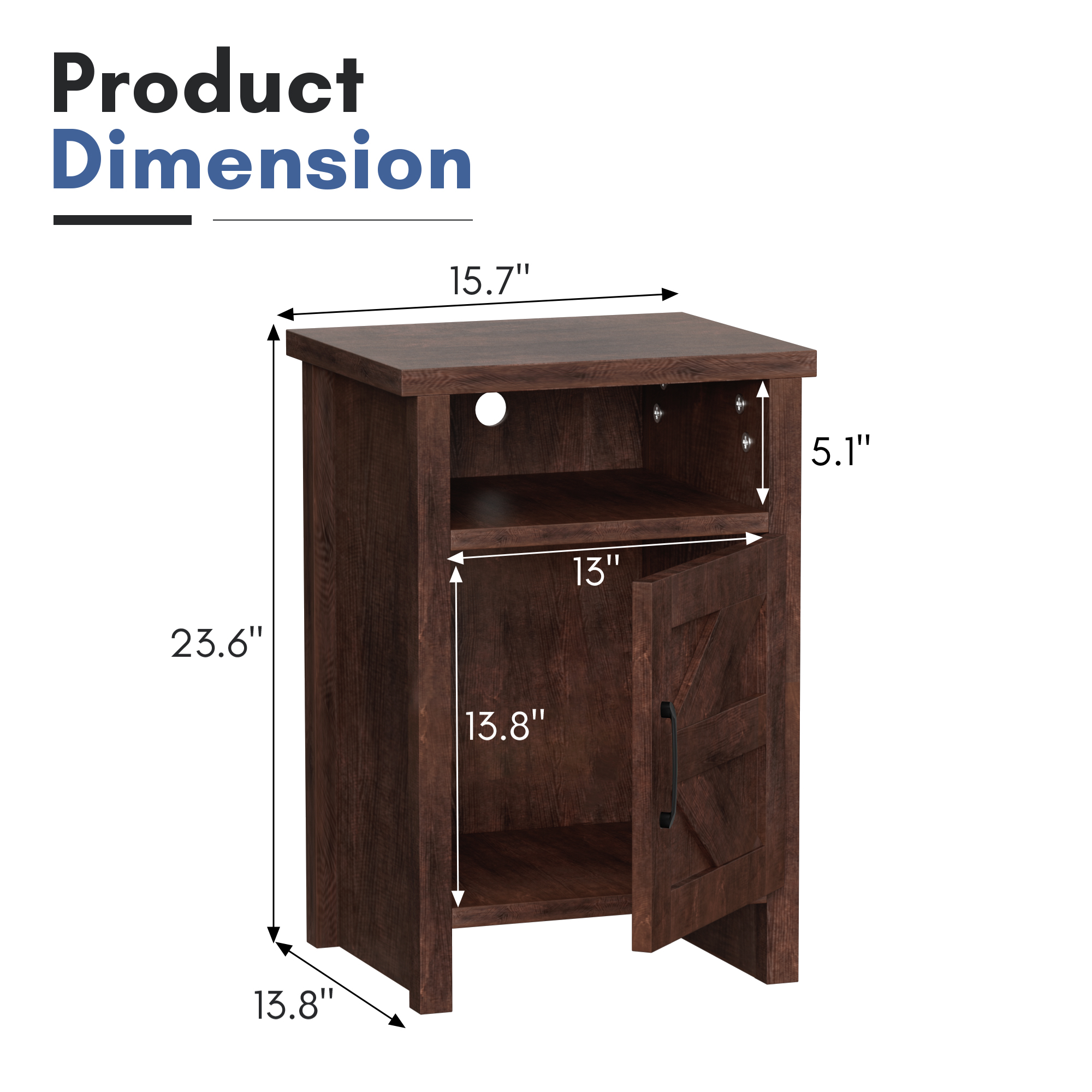 Vineego 1 Piece Farmhouse Nightstand with Storage Shelves Bedside Tables for Bedroom Modern Wood Side Table Living Room, Dark Brown