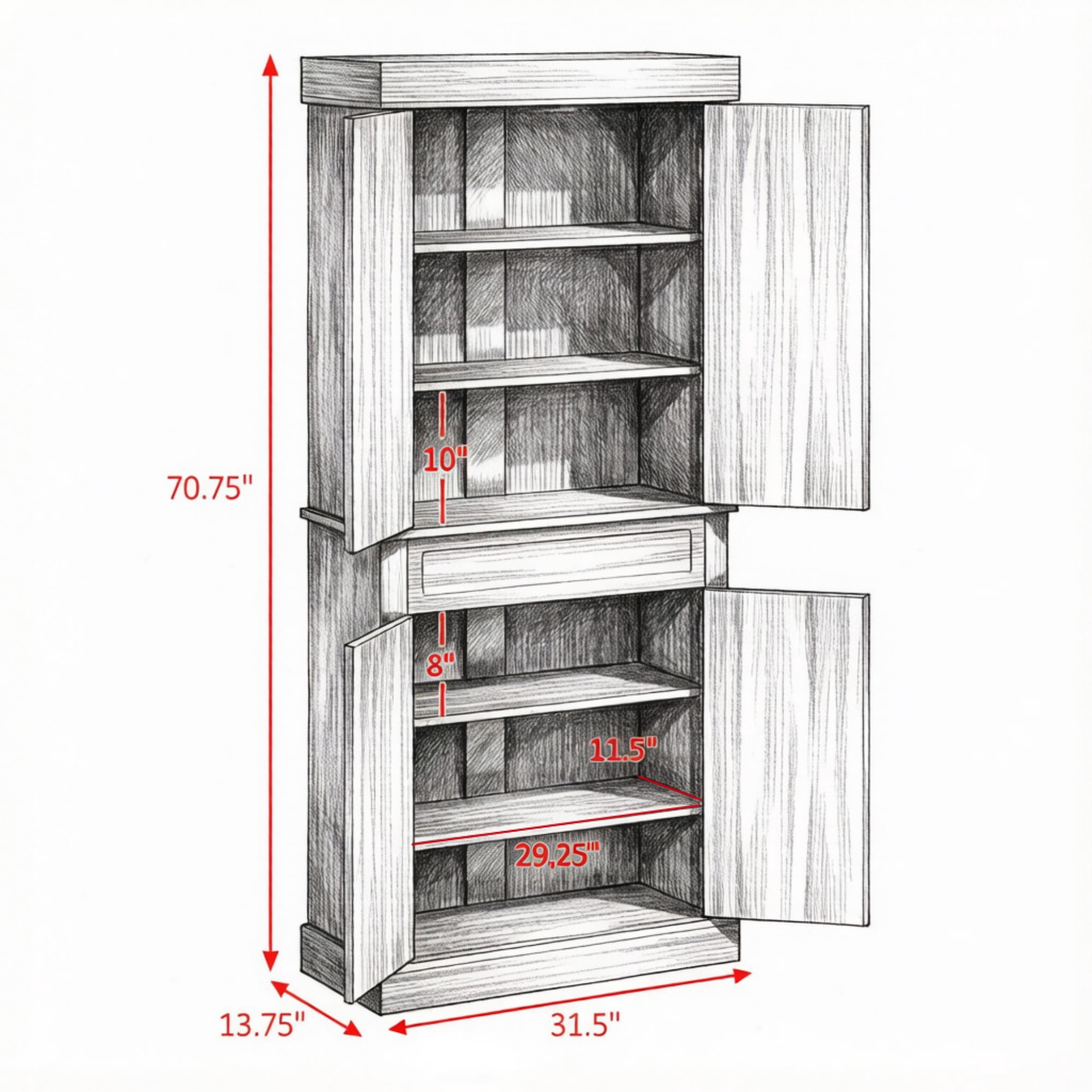 71" Freestanding Kitchen Pantry Cabinet with 4 Doors 2 Large Storage Cabinets And an Additional Drawer for Coffee & Kitchen Supplies