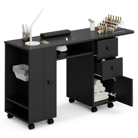 Paddie Manicure Table Nail Desk for Nail Tech, Nail Tech Table Nail Beauty Spa Workstation w/Extendable Table, Trash Bag Holder, Wrist Cushion, Lockable Wheels, Storage Cabinet & Drawers（Black）
