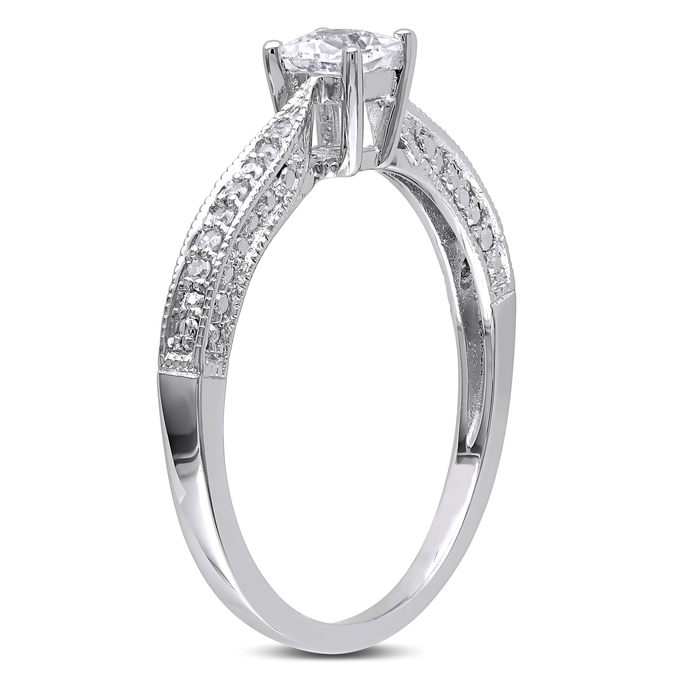 Everly Women's Engagement Anniversary Bridal 1/3 CT T.G.W. Square-Cut Created White Sapphire Round-Cut Diamond Accent (G-H, I2-I3) Sterling Silver Sky Tip Shank Ring with 4 Prong/Claw/Pave Setting - image 4 of 7