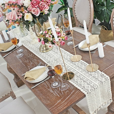 

Cotton Lace Table Runner with Tassels White Rustic Macrame Table Runners for Wedding Home Dining Table Decoration