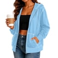 thumbnail image 6 of Vivianyo HD Women's Light Contrast Stitch Zip Up Hooded Sweatshirt, White Drawstring Kangaroo Pocket Long Sleeve Solid Casual Hooded Outer Tops for Women, Women's Light Blue, Sizes S-2XL, 6 of 8