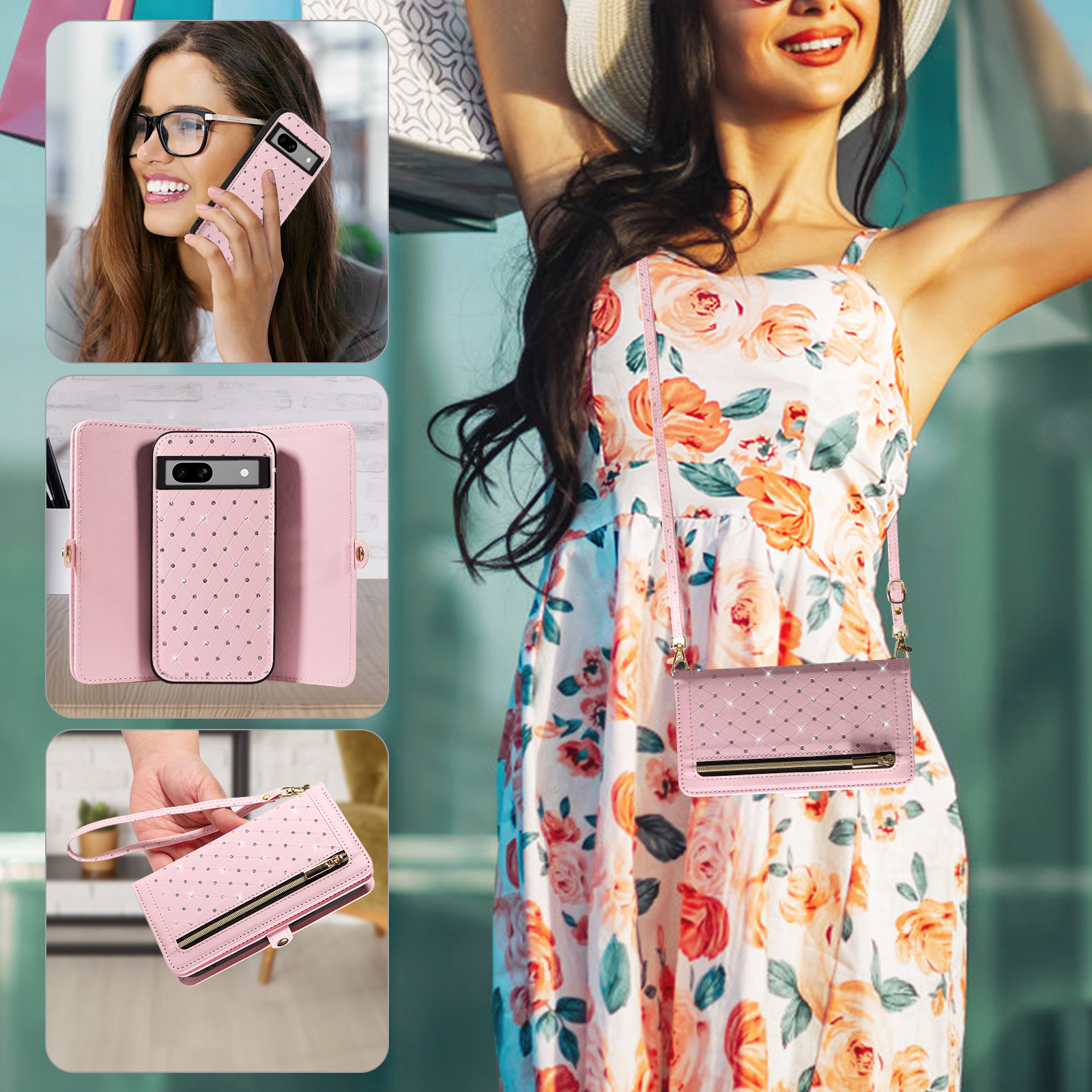 Asuwish Phone Case for Google Pixel 7A 5G 2023 Zipper Wallet Detachable Cell Cover with Tempered Glass Screen Protector Crossbody Lanyard Strap Bling Glitter Flip Card Holder Slot Pixel7A A7 Pink