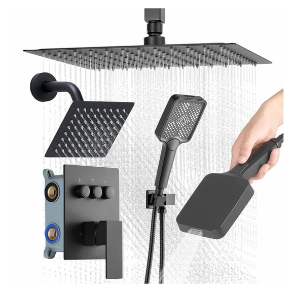 Matte Black Shower System 12 Inch Rainfall Shower Head with Handheld Spray, 4 in 1 Dual Shower Heads, Rotatable Wall Mount, Brass Valve Trim Kit