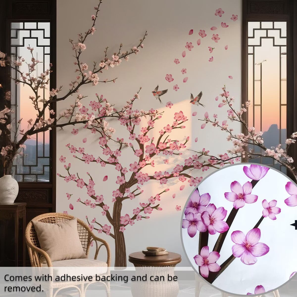 Cherry Blossom Tree Wall Stickers Decals Peel and Stick Removable Wall Stickers for Kids Nursery Bedroom Living Room décor Floral Bird Furniture Art Baby Birch
