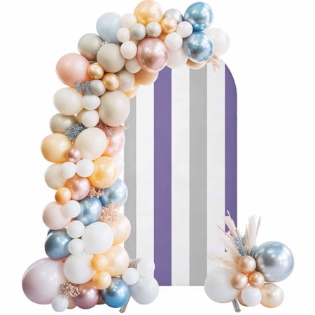 Purple Grey Striped Arch Backdrop Cover 7.2Ft, Wedding Arch Covers Stretchy Backdrop, Minimalist Farmhouse Stripe Fitted 2 Sided Arched Photo Background for Birthday Party Decorations