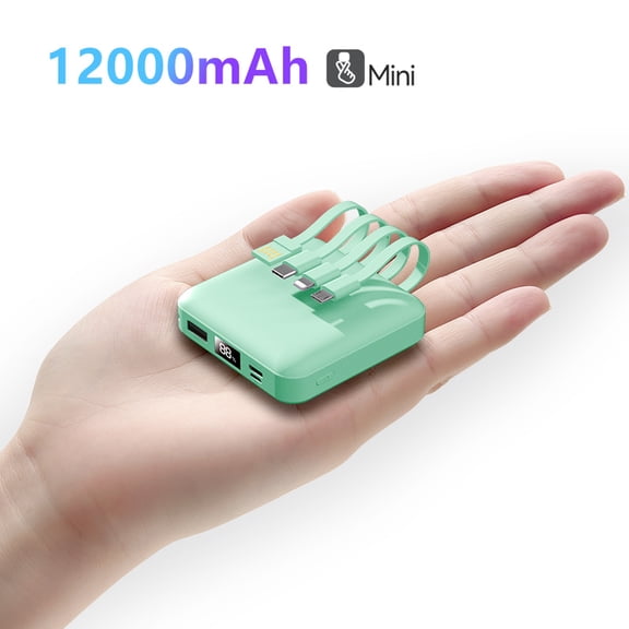 12000mAh Portable Power Bank with 4 Built-in Cables, Mini Compact Charger Can Charge 4 Mobile Phones Simultaneously, LED Digital Display, Travel Friendly for iPhone Samsung Android