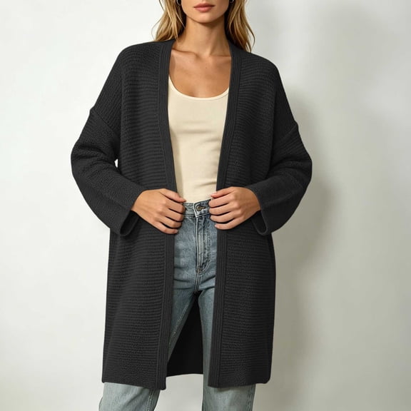 thefmos Women's Open Front Long Sleeve Knit Cardigan Solid Color Casual Loose Fit Outerwear Trendy Fall Winter Outfit, Black XL