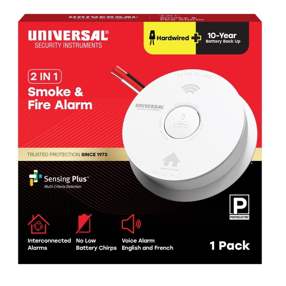 Universal Security Instruments 2 IN 1 Hardwire Smoke & Fire Alarm with 10-Year Battery Backup