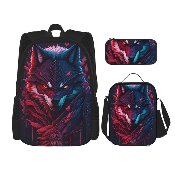 Disketp Cool Wolf Head Mochila Estampada de Gran Capacidad con Lonchera y Estuche, Set de 3 Piezas para Estudiantes