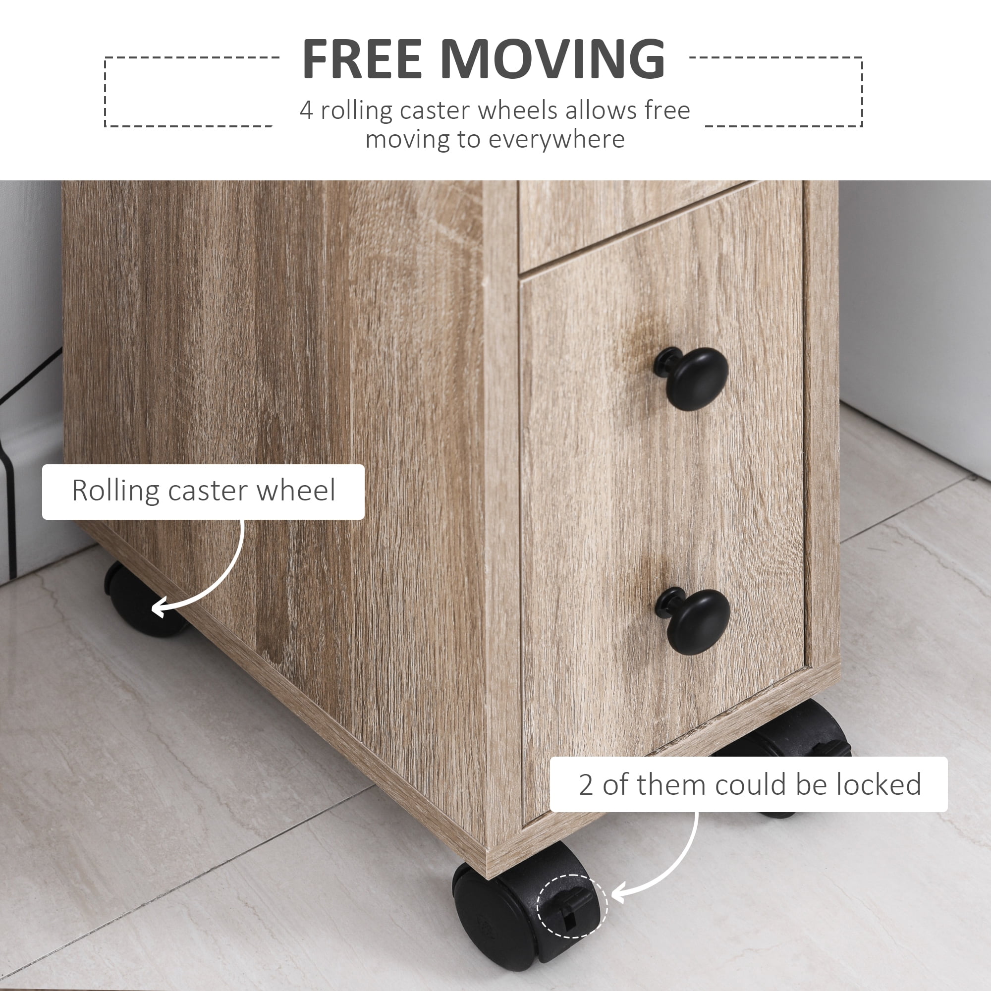 HOQBN Freestanding Compact Design Bathroom Cabinet with 2 Open Cabinets, 1 Door Cabinet, 1 Drawer and 4 Rolling Wheels, Oak