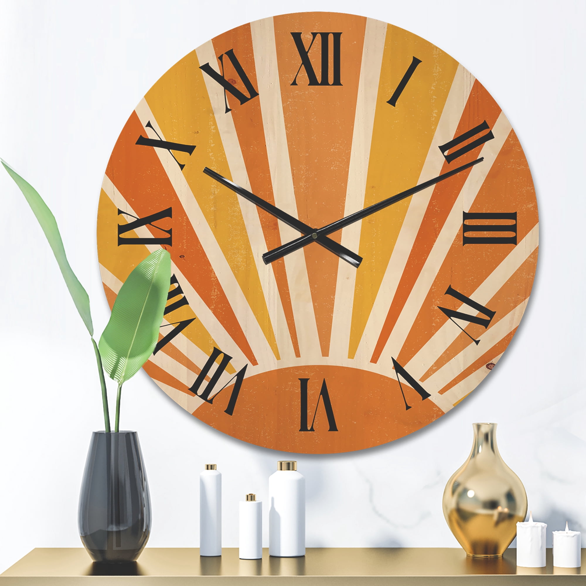 Designart 'Minimal Bright Shining Orange Sun Rays II' Modern Wood Wall Clock