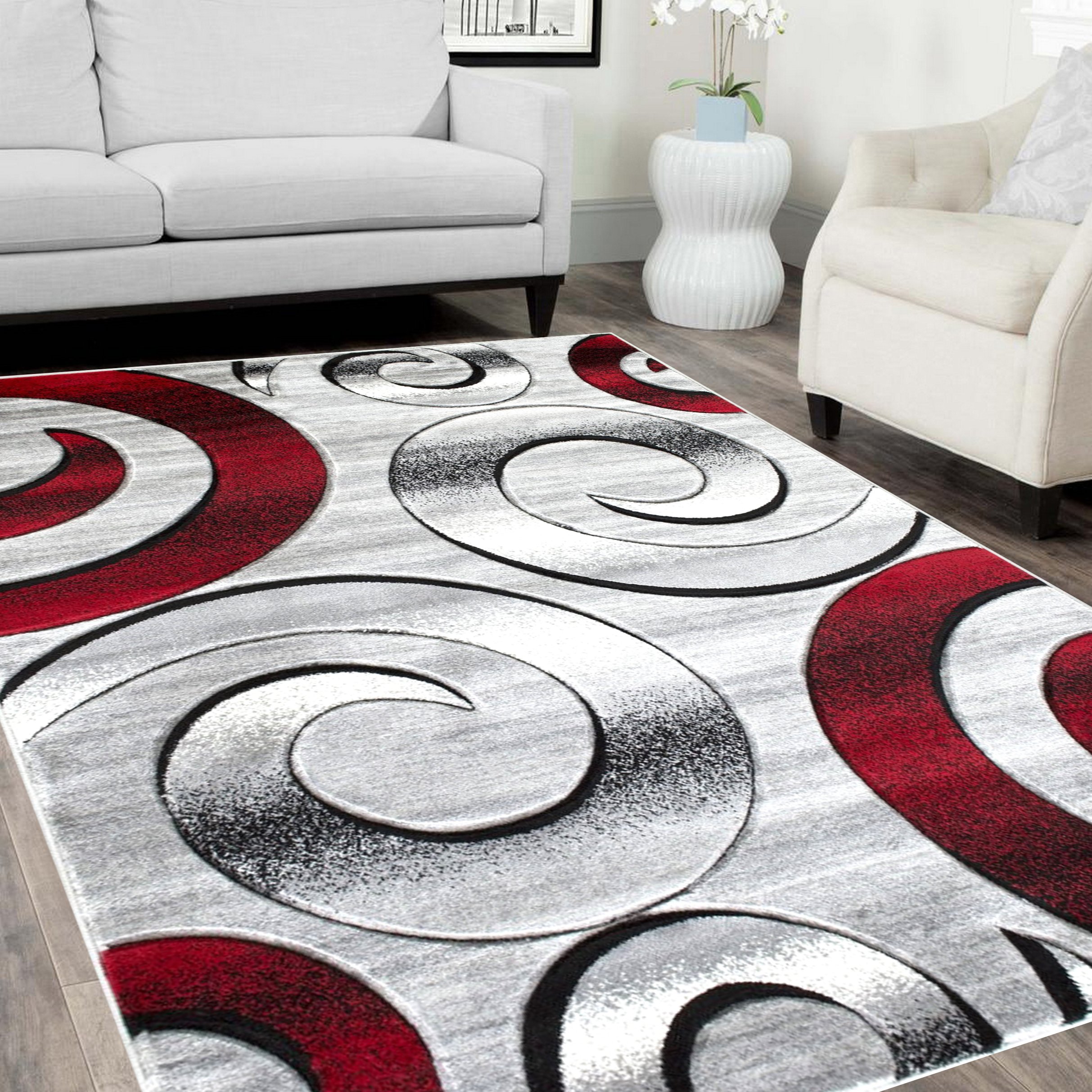 Handcraft Rugs-Swirls/Circles/Spiral Modern Contemporary abstrac tHand  Carved Area Rug-Silver/Lava Red/Gray/Black