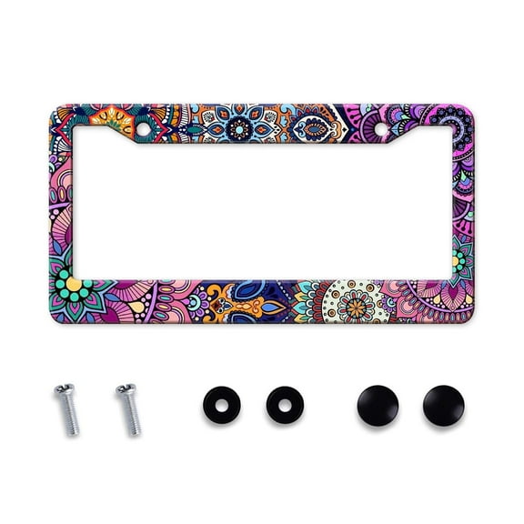 Floral Boho License Plate Frame Metal Aluminum Rustproof Car Accessories for Us Canada Standard Women Men 2 Holes with Screw Caps