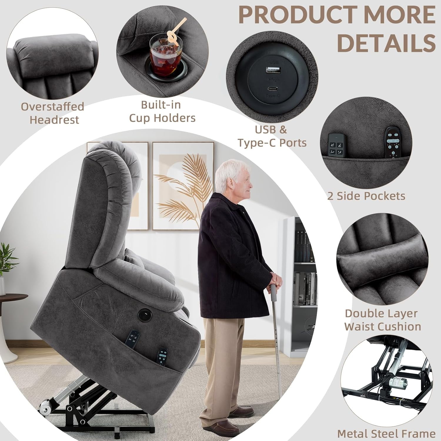 EPICOZY Oversized Dual Motor Power Lift Recliner Chair with Extended Footrest for Big tall Man, Lay Flat Sleeper Electric Recliner with Massage and Heat, Lumbar Pillow, USB & Type-C Port, Gray