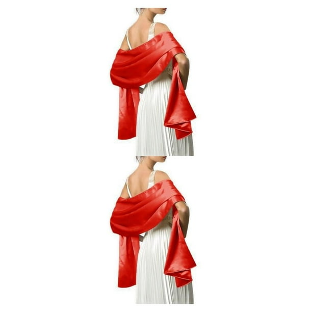 Sonducket Bola de baile para mujer, chal de satén para niñas, fiesta de noche, banquete, graduación, bufanda elegante, diseño Simple, Rojo 2piezas
