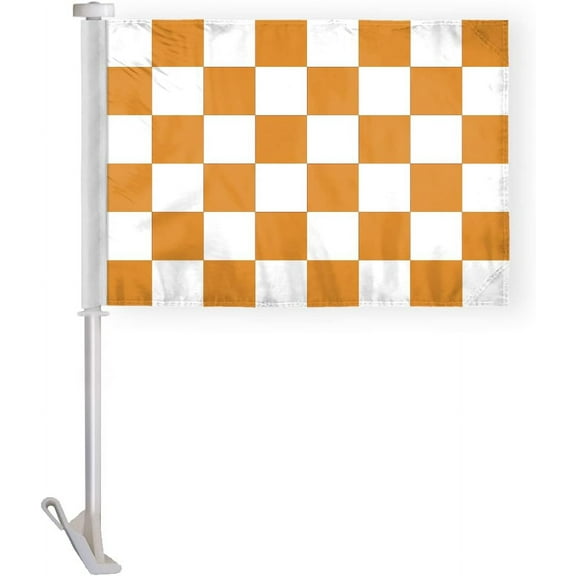 AGAS Orange White Checkered Car Flags-10.5x15 inch-Printed Double Sided on Double Layered Wrap Knitted Polyester Premium Fabric-Mounted onto 19 inch Unbreakable Plastic Pole with a Window Bracket.