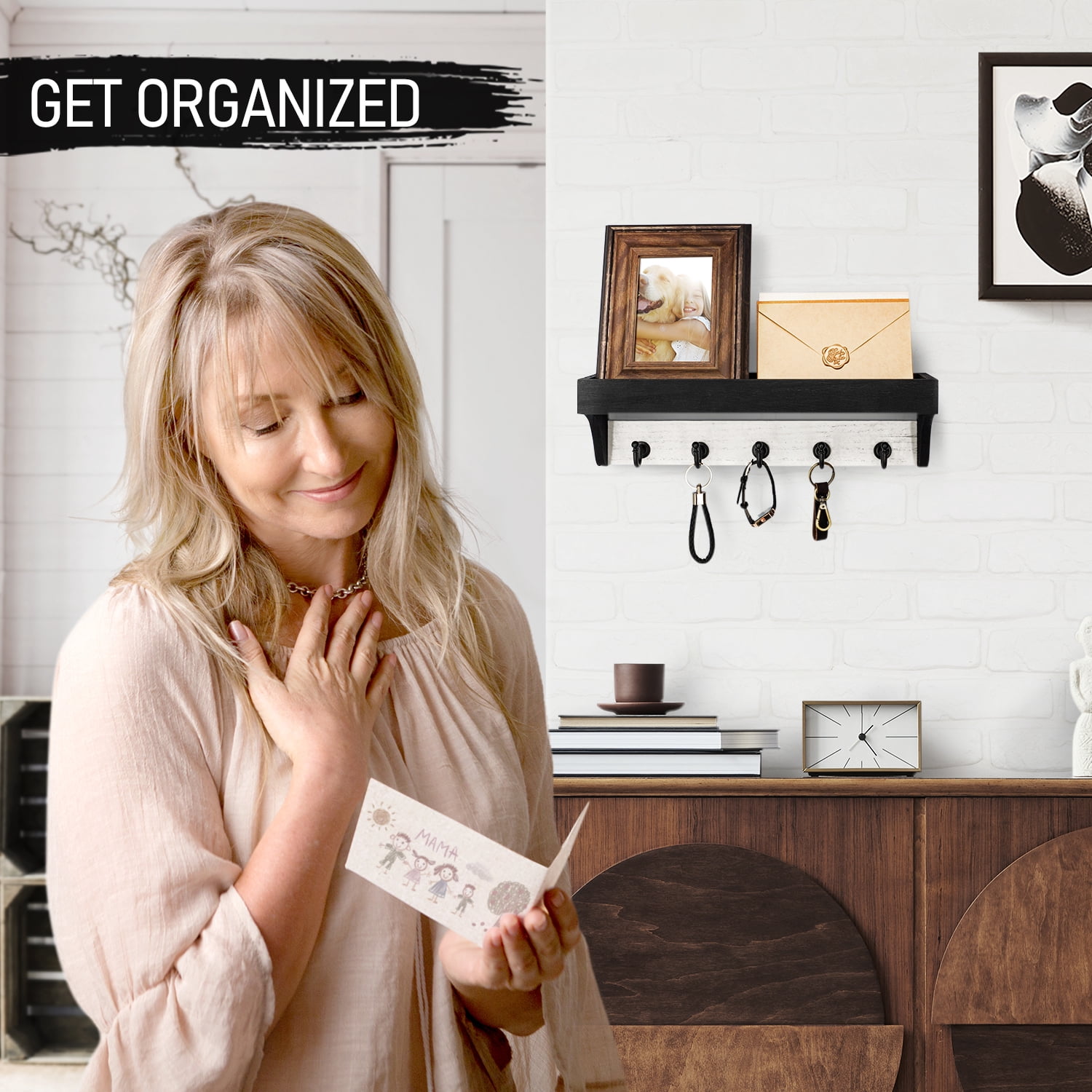 Rebee Vision Decorative Key Holder Wall Mount with Shelf - Modern Key and Mail Organizer with 5 Keys Hooks (Black & White)