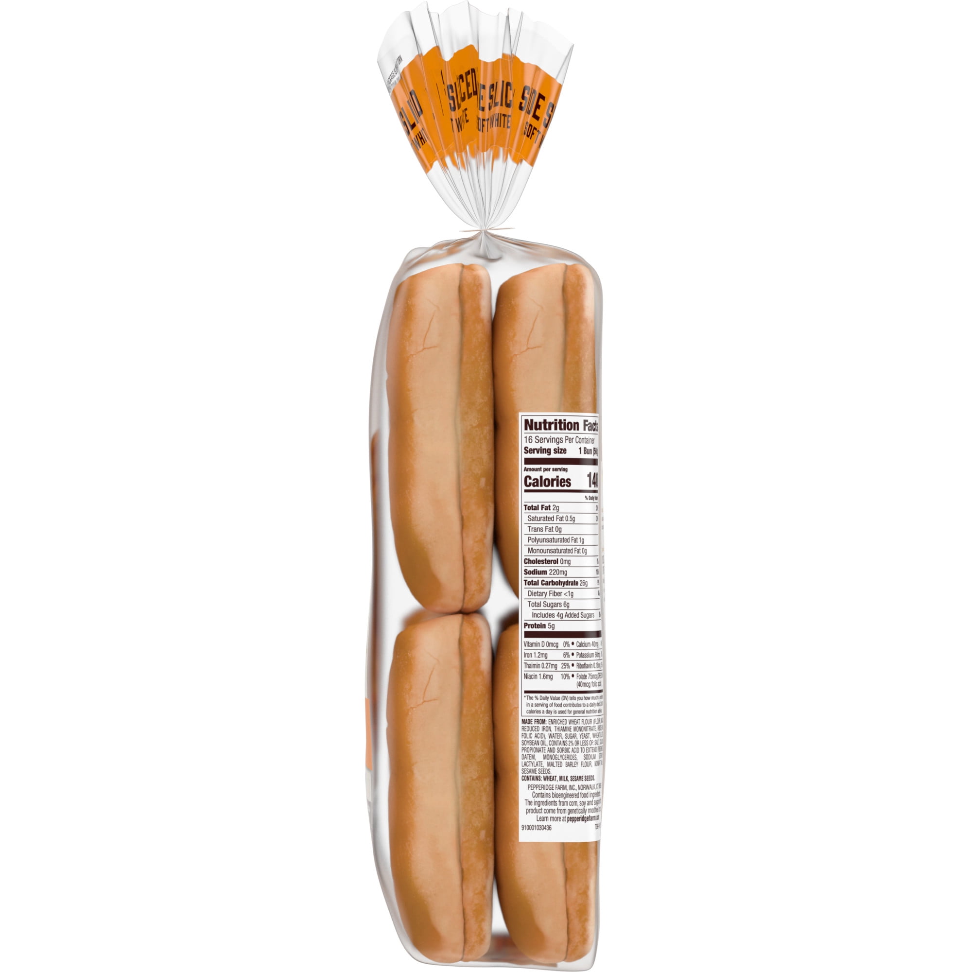 Pepperidge Farm Bakery Classics, Soft White Side Sliced Hot Dog Buns, 16-Pack Bag