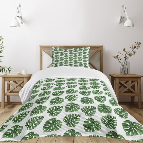 Ambesonne Green Leaf Quilted Bedspread Set 2 Pcs, Palm Leaves Nature, Twin Size, White and Green