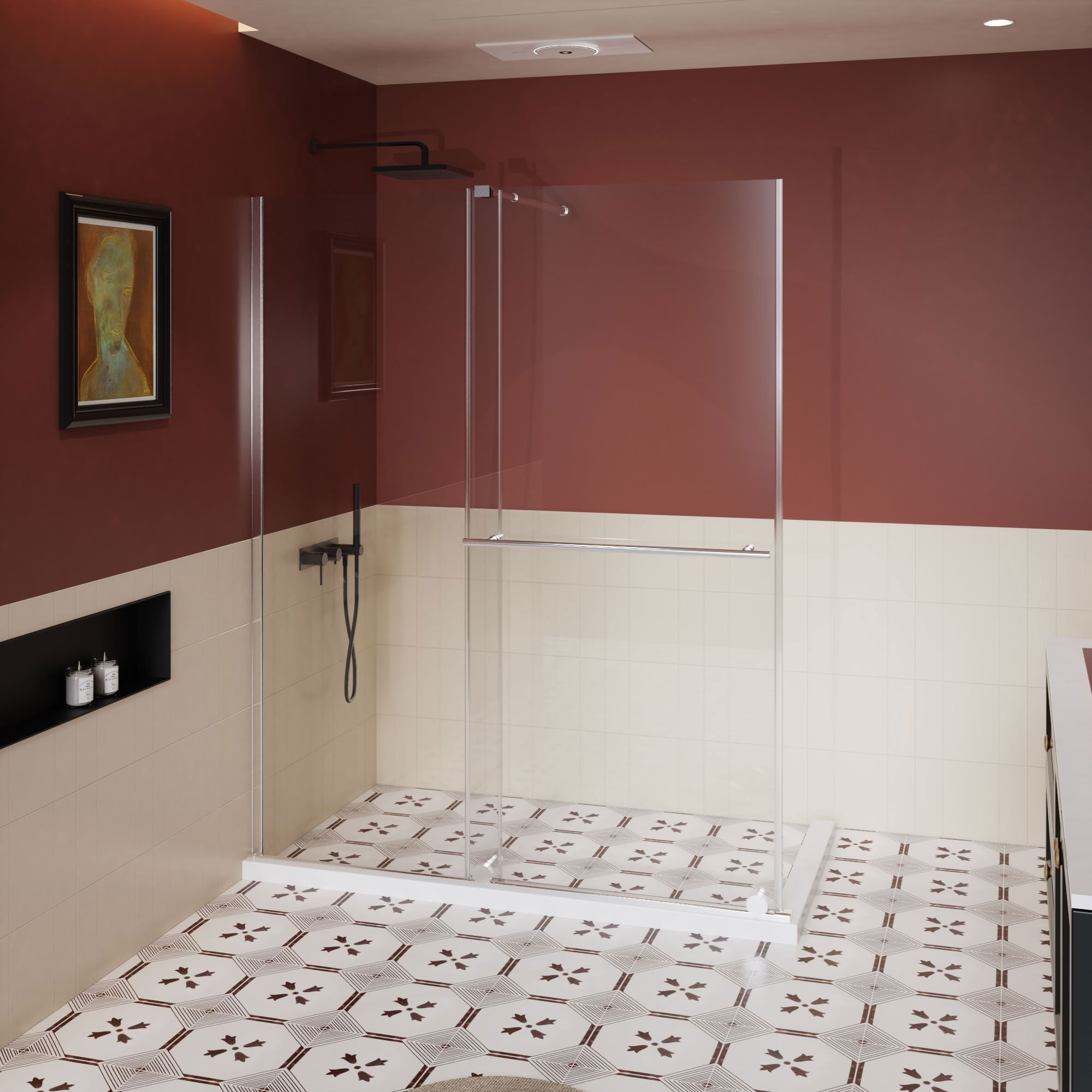 MAYEERTY Dual-Use Shower Sliding Door, Chrome Frame, 1/4" Tempered Glass with Stainless Steel Handle & Supporting Bar, Waterproof & Adjustable Width