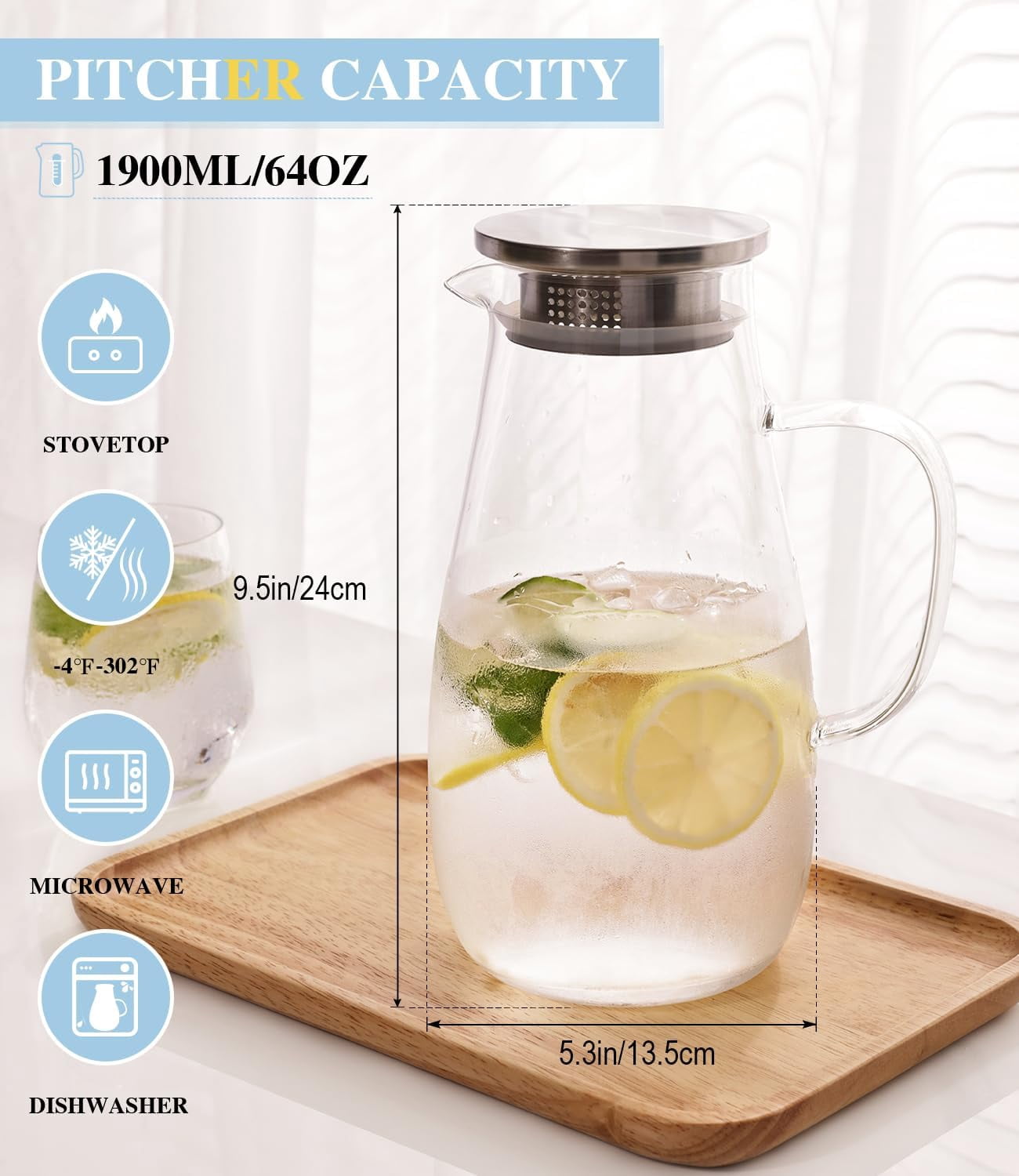 Glass Pitcher with Lid, Water Pitcher for Fridge,Water Jug Transparent Heat-Resistant Glass Cold Water Kettle And Cups Water Pot With Handle Large Capacity Office Household Jug