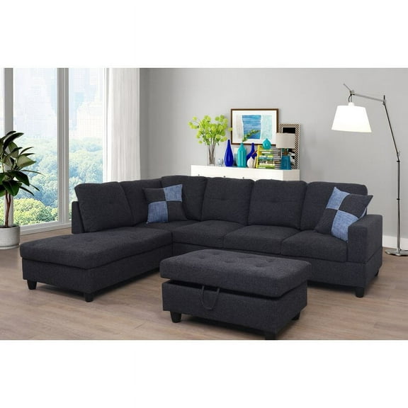 PonLiving Furniture Jaiden Left Hand Facing Sectional with Ottoman / Upholstery Color: Linen Black, Orientation: Left Hand Facing